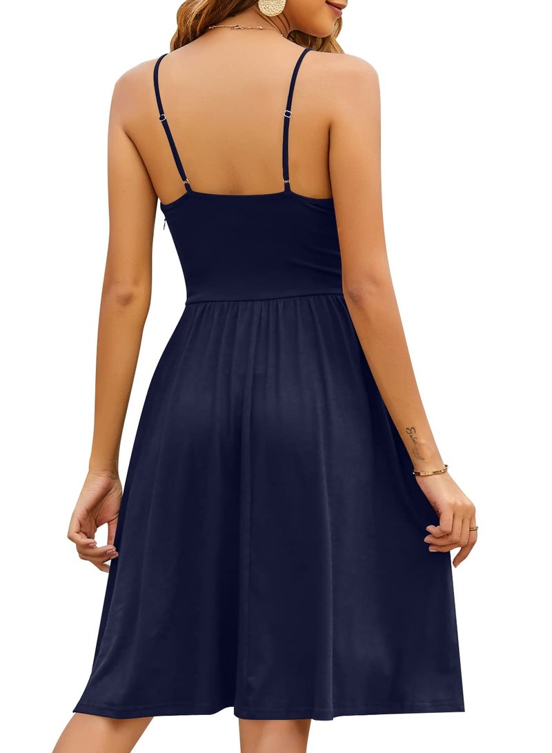 YATHON 2025 Cute Casual Dresses for Women Sleeveless Cotton Summer Beach Dress A Line Spaghetti Strap Sundresses with Pockets (XL, YT090-Navy) - Image 4